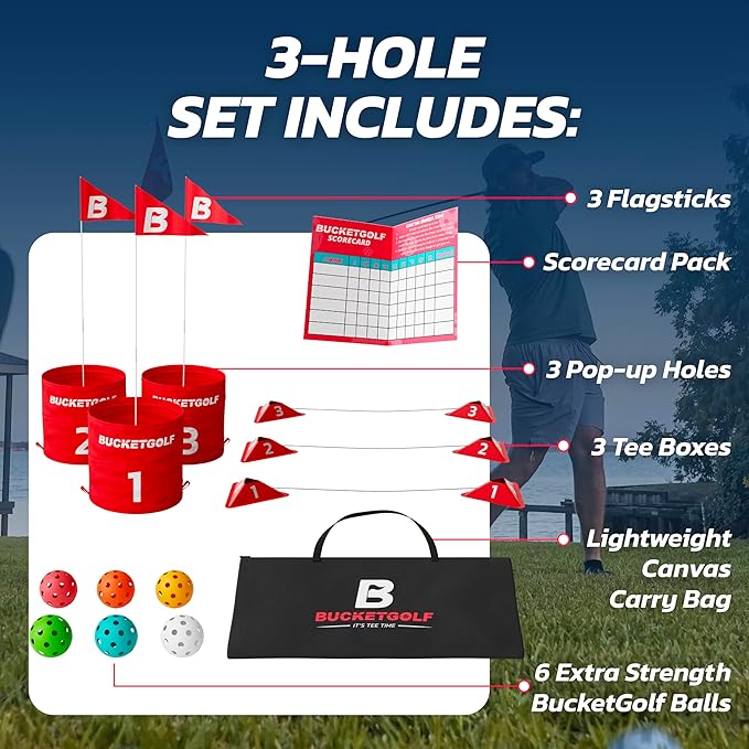 bucketgolf Original Game 3-Hole Travel Set – #1 Backyard Golf Game for Adults. Ideal for Yard, Beach, Park, Camping, and Outdoor Fun