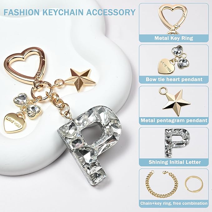 Cute Bling Keychain initial Letter Butterfly Star Pink Purple Gift for Women Girls Bag Cup Charms Accessories