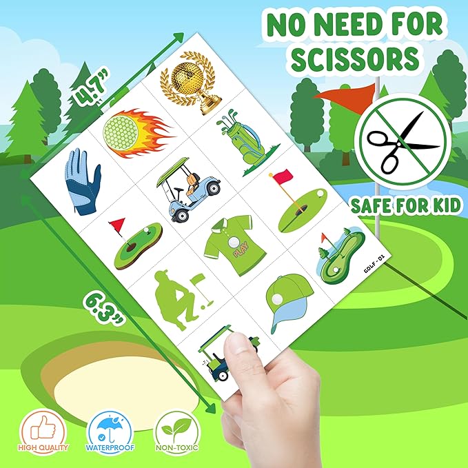 96 PCS Golf Sport Pre-Cut Temporary Tattoos | Super Cute Themed Birthday Party Favors, Supplies, Decorations, Green Sport Fake Tattoo Stickers (Multiple)
