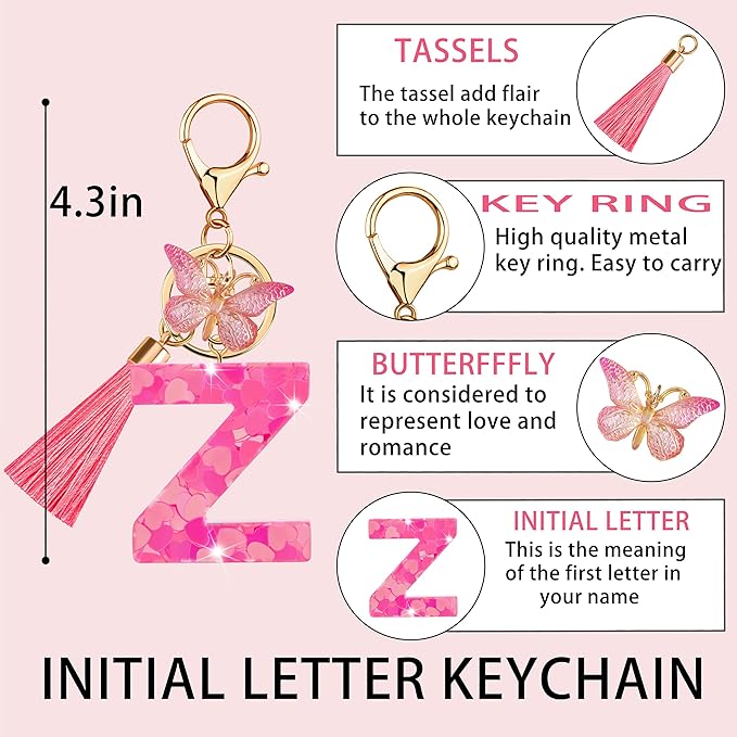 Suweibuke Colourful Cute Initial Letter Keychains for Women Girls with Tassel Butterfly, Charm for Purse Handbags Backpacks