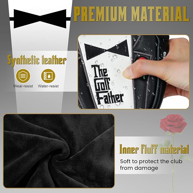 The Golf Father Golf Club Covers, Driver Fairway Hybrid Headcover, Funny Putter Cover Magnetic, Black & White Color Iron Covers,Golf Gifts for Men