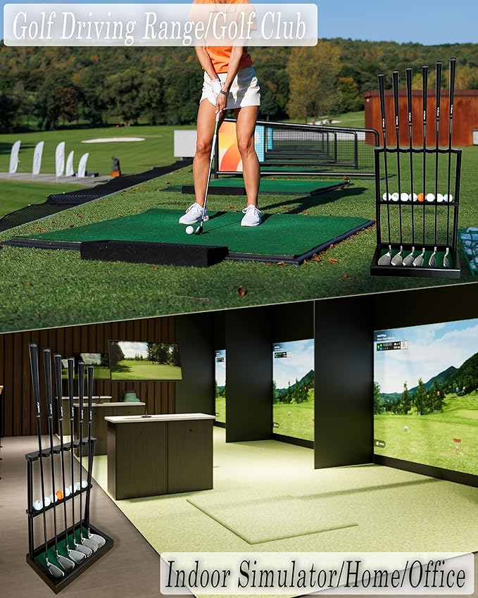 Golf Club Holder Stand, Wooden Golf Putter Stand Floor Display Rack, Golf Club Organizer Hold up to 6 Clubs and Ball Storage, Putter Rack for Indoor Club Simulator or Office