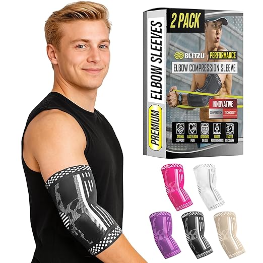 BLITZU Elbow Compression Sleeve for Tendonitis 2 Pack, Tennis Elbow Brace Support for Men and Women Golfers Elbow Pain Relief, Arthritis, Bursitis, Arm Brace for Workout, Weightlifting Black M