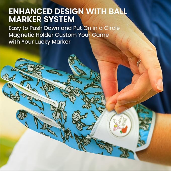 Ladies Golf Gloves Women Right Handed Golfer Left Hand Value 2 Pack with Ball Marker Leather All Weather Grip Breathable Soft Gift Set