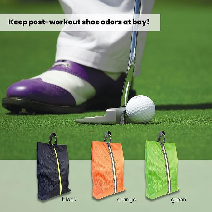 Golf Smell Proof Shoe Bag Lightweight Waterproof Zippered Sport Shoe Carrier Bags Golf Soccer Shoe Storage Organizer for Gym Sports Travel Work Golf Aceesories (Orange, US size 14)