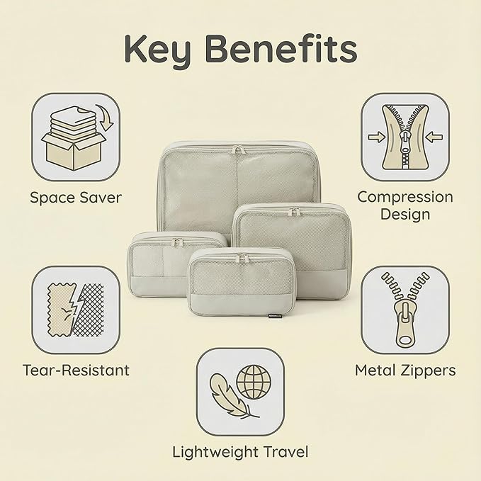 4 Piece Compression Packing Cubes for Suitcases and Backpack, Lightweight Travel Organizer Bags (Off White)