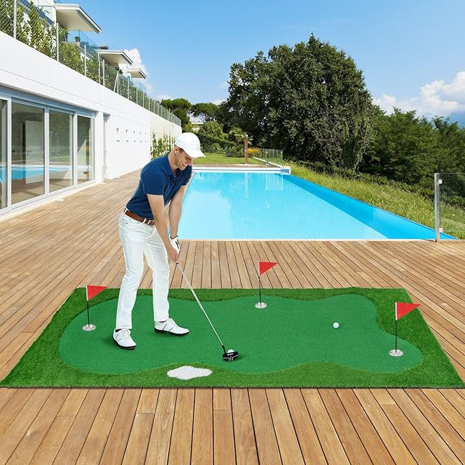 Tangkula 10 FT Golf Putting Green, Large Professional Golf Training Mat with Realistic Artificial Grass Turf, 3 Holes, 3 Flags and Cups for Indoor Outdoor Putting Practice