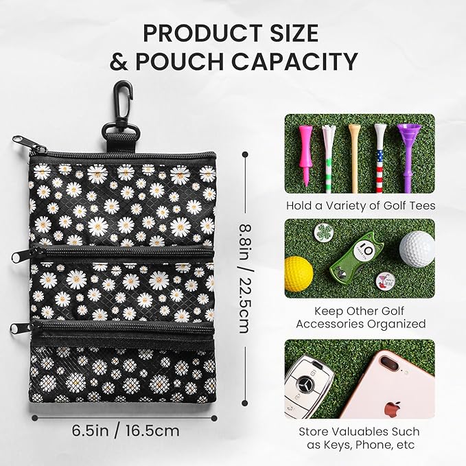 FINGER TEN Golf Pouch Bag for Valuables Tee Color with 4 Golf Pencil Pack, Zippered Pocket Gear Clip Hook to Bag