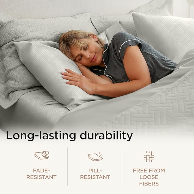 Threadmill California King Size Sheets | 800 Thread Count Jacquard Celine Light Grey | 4 Piece Striped Bed Sheets | Extra Long Staple Cotton Sheet | Luxury Damask Sheets with Elasticized Deep Pocket