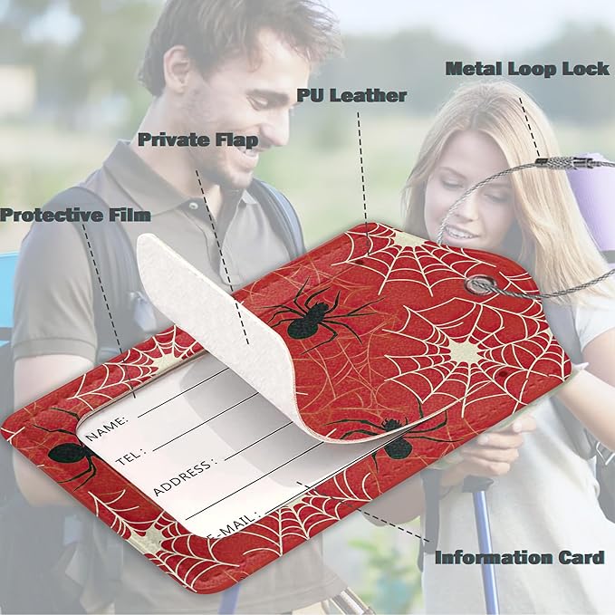Set of 3 Luggage Tags,Spider Leather Suitcases Tag Identifiers with Privacy Name Address Labels & Durable Steel Loop for Women Men Travel