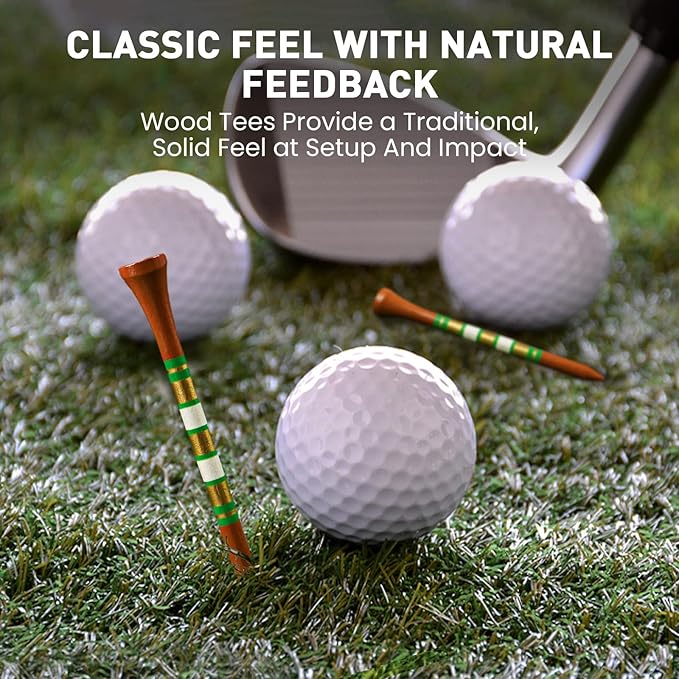 FINGER TEN Golf Tees Wood 3 1/4 2 3/4 Inch Value 50/120 Count, Durable Tees with Bright Colored Stripes for Consistent Height, 70mm 83mm Long Tees Ideal for Golfers