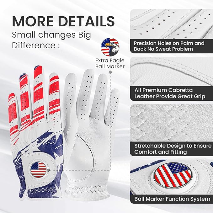 Golf Gloves Men All Premium Cabretta Leather 1 Pack with 2 Ball Marker, Mens Golf Glove Right Handed Golfer Left Hand All Weather Grip, Fit Size Small Medium ML Large XL