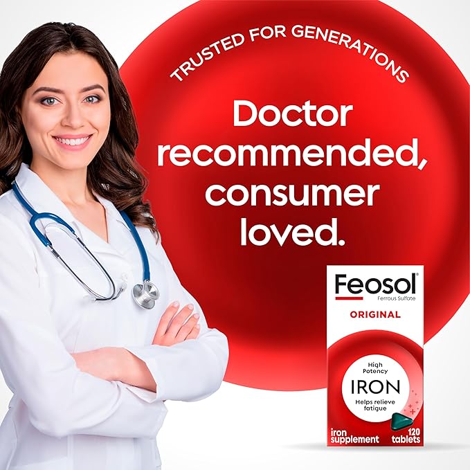 Feosol Original Iron Supplement Tablets,Non-heme 325mg Ferrous Sulfate (65mg Elemental Iron) per Pill, 1 Per Day, 4 Month Supply, for Energy and Immune System Support (120 ct Pack of 2)