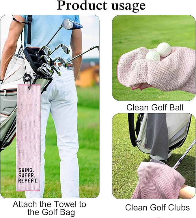 DYJYBMY Swing Swear Repeat Funny Pink Golf Towel with Clip, Fit for Men, Dad, Boyfriend, Birthday Gift for Golf Fan, Funny Golfer