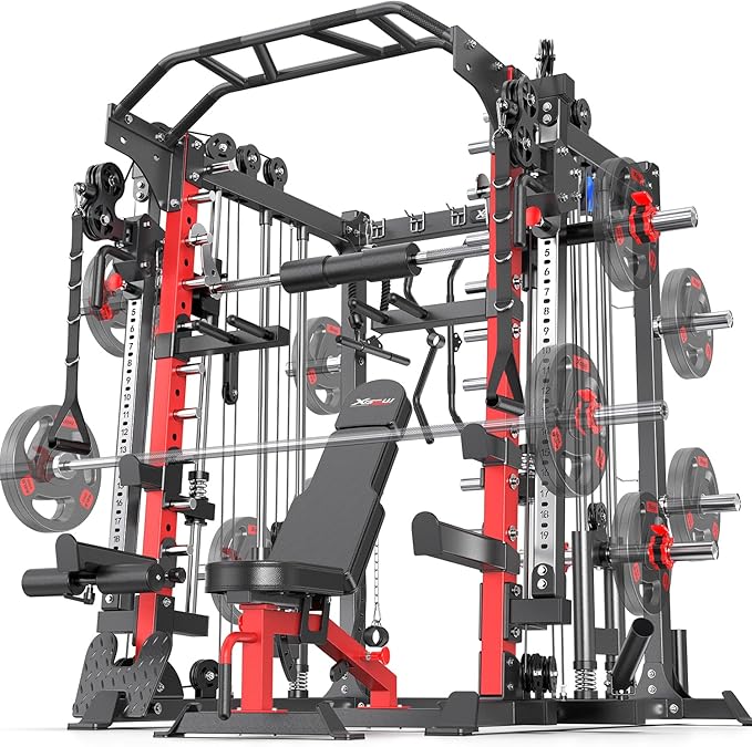 Smith Machine，Multi-Function Squat Rack Power Cage with Cable Crossover System,with Optional Weight Bench, Olympic Barbell Weight Set, for Home Gym