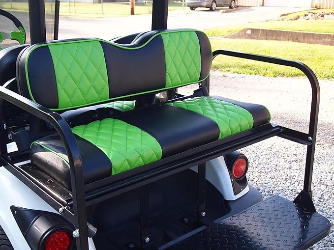 Huskey 4PCS Golf Cart Front/Rear Seat Covers for Club Car Precedent 2004+ G&E Models Custom Two-Tone Black/Limegreen Diamond Stitching with Limegreen Piping,Marine Grade Vinyl Material