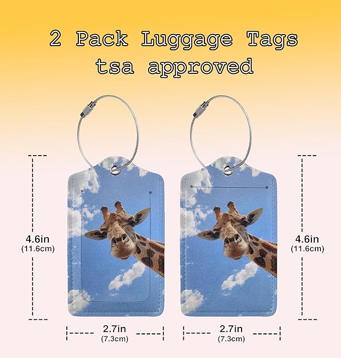 TSA Approved Luggage Tags for Suitcases Giraffe Blue Sky 2 Pack Funny Leather Carnival Cruise Airport Cute Travel Name Tags Golf Bag tag Ships Essentials Privacy Cover ID Label for Women Men