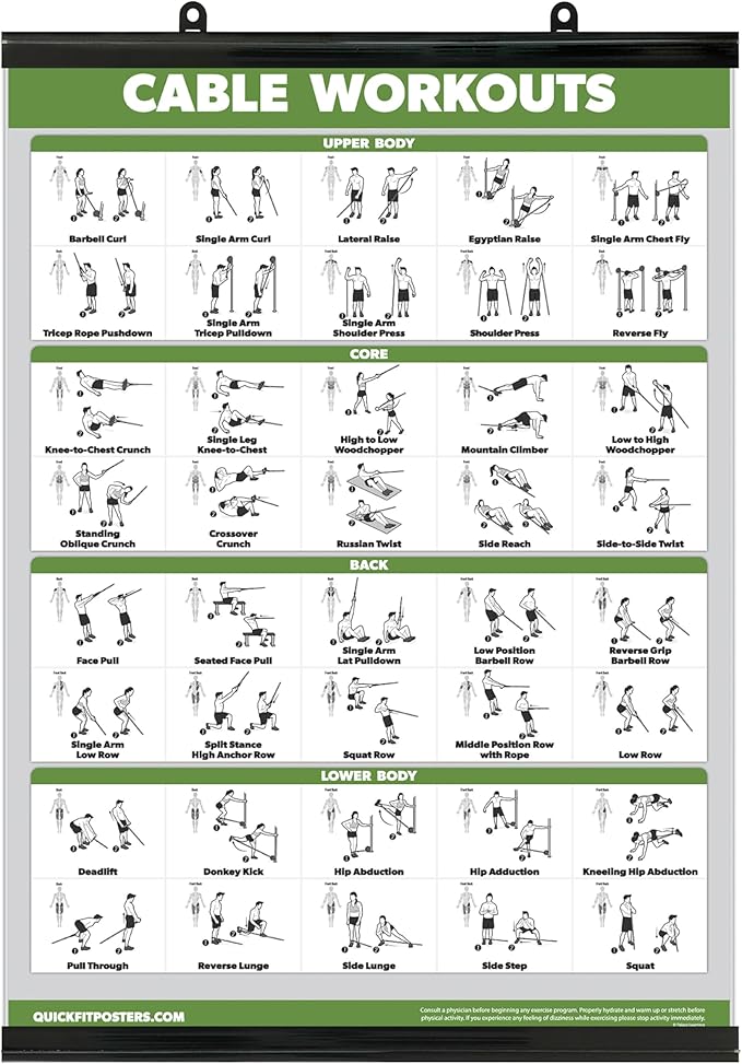 Palace Learning QUICKFIT Workout Poster Cable Machine, an Exercise Chart for Cable Training Station, Laminated WITH PLASTIC FRAME, Gym, 18" x 24"