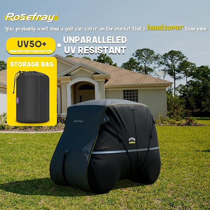 Rosefray Golf Cart Cover 420D Waterproof Innovative 360° Windproof Design, Fits for Club Car, EZgo, Yamaha, and More 2/2+2/4/4+2 Passenger Golf Cart - Black/Gray