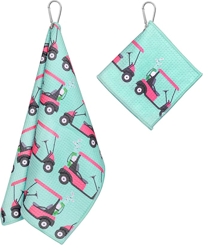 Microfiber Golf Towels for Golf Bags & Carts - Premium Weave Waffle & Ball Towels with Carabiner Clip, Essential Accessories for Men, Women, and Kids, Golfer Gifts, Set of 2 (Golf Cart)