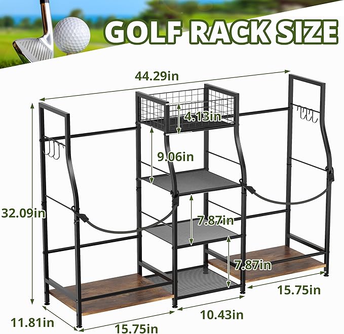 Golf Bag Storage Organizer for Garage Organization, Golf Bag Stand for Golf Bag Accessories, Spacious Golf Rack for Golf Clubs & Golf Essentials, Ideal Golf Gifts for Men (Fits 2 Golf Bags)