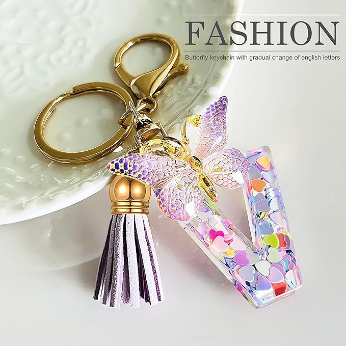 JINGUAZI Initial letter Keychains for Women Tassel Butterfly Pink Purple Cute Car Keychain for Wallet Backpack bag charm