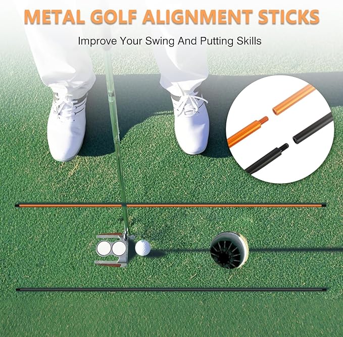 Golf Alignment Stick Holder, Golf Training Aid Teaching Equipment for Aiming, for Putting, Aiming, Full Swing Trainer, Posture Corrector, Golf Swing Trainer with Metal Sticks