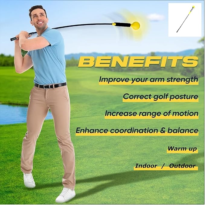 Golf Swing Trainer 47.5 inches, Fiberglass, Yellow color, Aid for Indoors and Outdoors, Practice Speed Training, Warm up, Stick Improved Rhythm, Flexibility, Balance, Tempo and Strength.