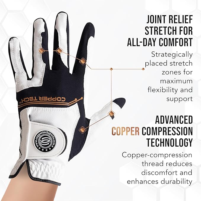 Copper Tech Ladies Golf Gloves Women Right Handed Golfer or Left Handed Golfer 2 Pack | Copper Compression Joint Support with Flexible & Comfortable Fit | AAA Leather & Silicone Tacky Pad