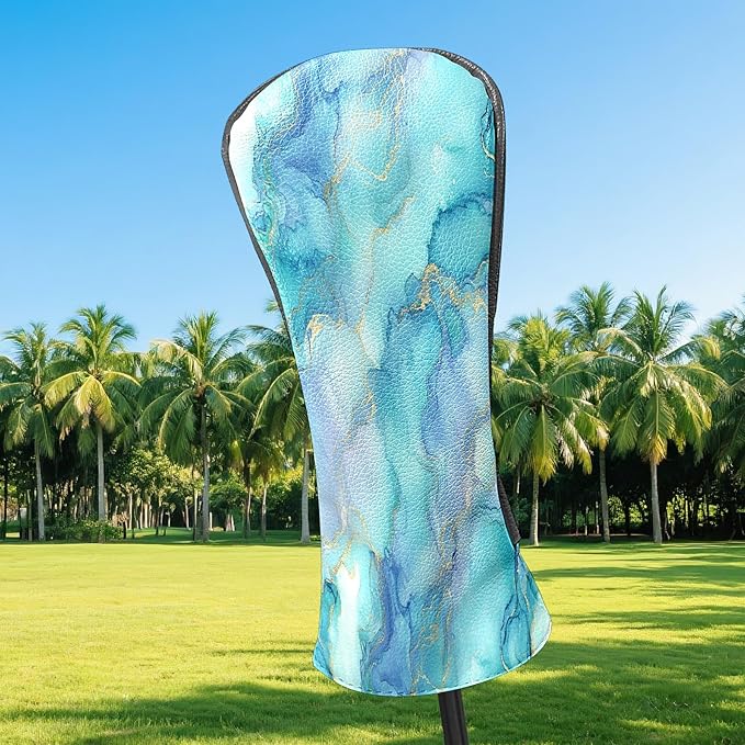 Golf Driver Head Covers Fairway Wood Headcovers, Premium Leather Golf Club Covers with Anti-Scratch Lining 1/3/5 Wood Cover for Golf Clubs for Women Men (Marble Blue)