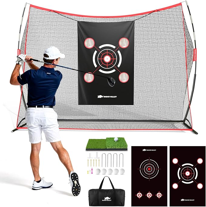 Golf Net, 10×7ft Heavy Duty Golf Hitting Nets with Mat Targets Tees Balls Carry Bag, Golf Practice Equipment Net for Indoor/Outdoor Backyard Driving Chipping Swing Training, Gifts for Men Golfer