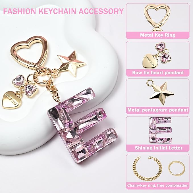 Cute Bling Keychain initial Letter Butterfly Star Pink Purple Gift for Women Girls Bag Cup Charms Accessories