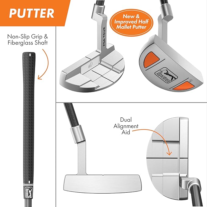 PGA Tour Youth Golf Club Set for Ages 8-12 (4’8”-5’2”) and 12+ (5’2”+), Right and Left-Handed Kids Golf Sets – Beginner Junior Golf Clubs with Lightweight Stand Bag, Mallet Putter, Hybrid, Driver