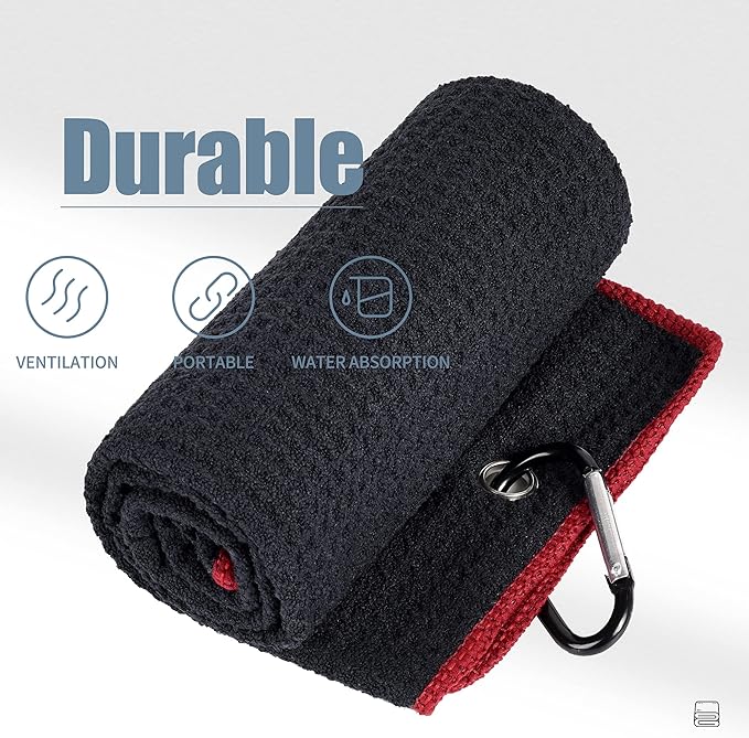 Mile High Life Tri-fold Golf Towel | Premium Microfiber Fabric | Waffle Pattern | with Heavy Duty Carabiner Clip | Golf Towel for Men and Women (Black/Red)