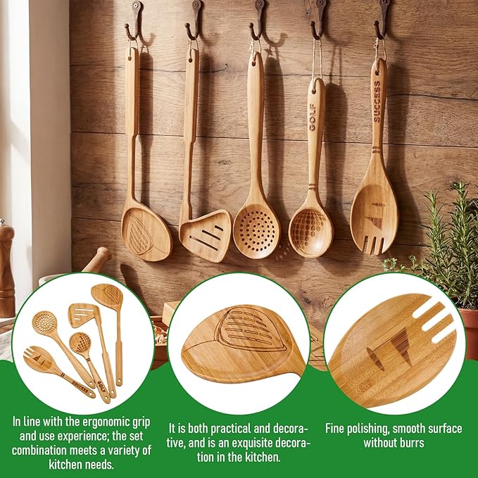 5 Pcs Golf-club Style Kitchen Utensil Set Bamboo Spatula Soup Spoon Fun Golf Themed Kitchen Utensil Set for Gift Funny Birthday Gifts for Men Women Golfers Christmas Birthday