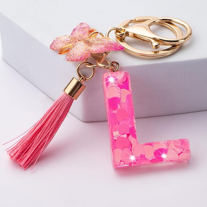 Suweibuke Colourful Cute Initial Letter Keychains for Women Girls with Tassel Butterfly, Charm for Purse Handbags Backpacks