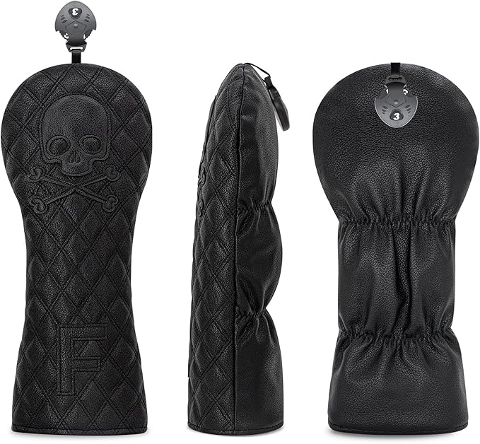 Grid Black Line Skull Golf Club Covers – Driver Headcover, Fairway Wood & Hybrid, 3 Wood Headcover, Black Skull Leather, Waterproof Easy-Clean, Universal Fit The Most Brands