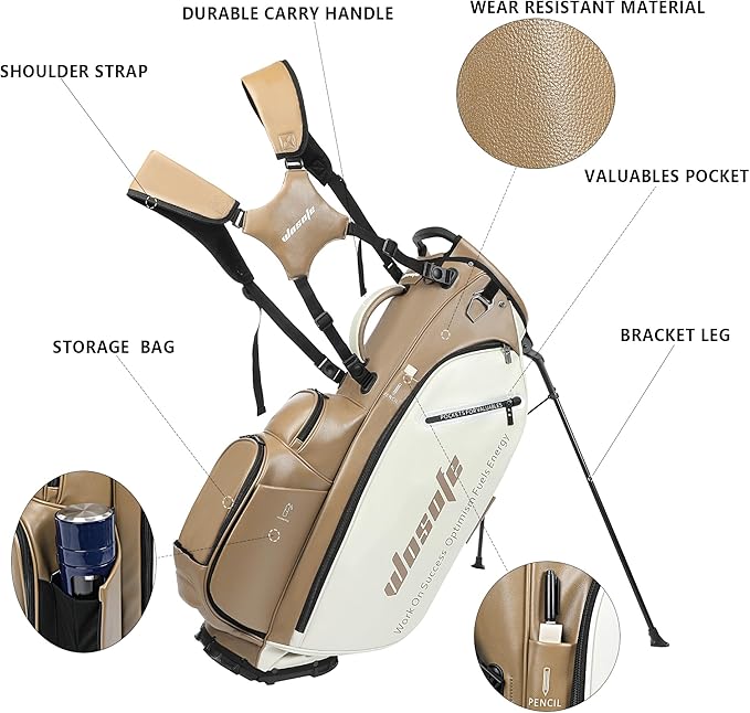 Lightweight 14-Way Golf Stand Bag, PU Leather Golf Bag Waterproof Men Women Full Length Top Dividers, Multiple 8 Pockets Cooler Pouch Adjustable Detachable Shoulder Dual Straps Rain Cover Hood