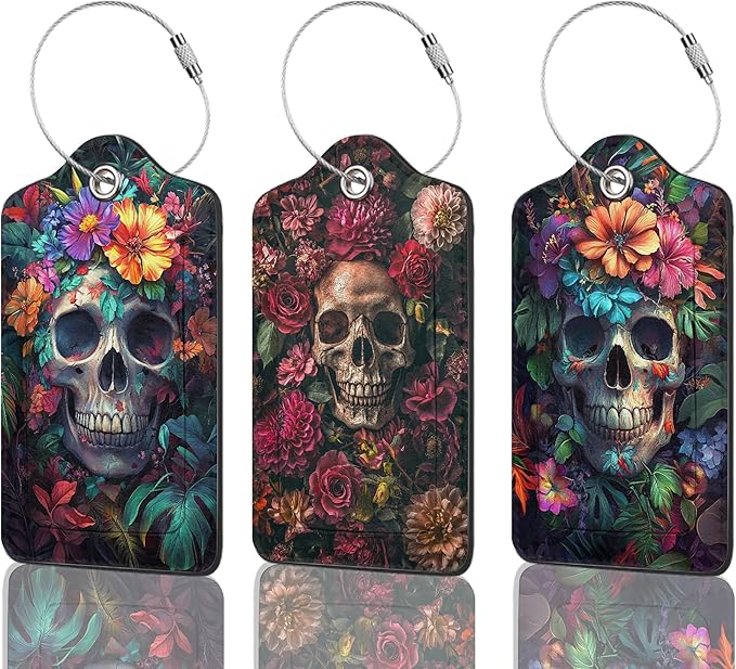 Luggage Tags for Suitcases Durable Leather Luggage Tags Cute Travel Name Tags for Cruise Ships Travel Essentials 3 Pack (Skull Flowers)