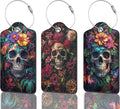 Luggage Tags for Suitcases Durable Leather Luggage Tags Cute Travel Name Tags for Cruise Ships Travel Essentials 3 Pack (Skull Flowers)