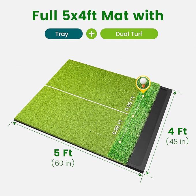 Dual Turf Golf Hitting Mat with Ball Tray, 5x4 & 6x4 ft, 26mm/31mm Thick, Alignment Aid, Golf Practice Mat Indoor & Outdoor, Driving & Chipping Pad Simulator Mat