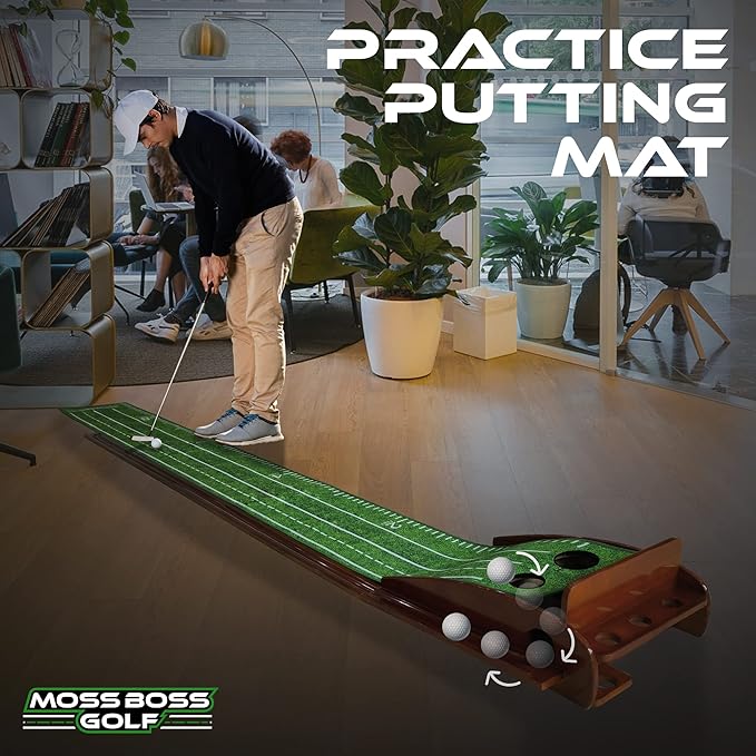Practice Putting Mat with Automatic Ball Return Track & Putting Mirror - Indoor Golf Practice Mat for Mini Games & Home/Office Use, Great Gift for Golf Lovers