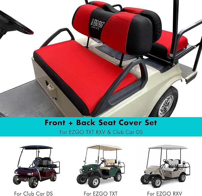 10L0L Golf Cart Front and Rear Seat Cover Set for EZGO TXT RXV 4 Passenger Models Bench Seat Covers Kit Breathable Washable Polyester Mesh Cloth Gray Black Beige Red (S+XS)