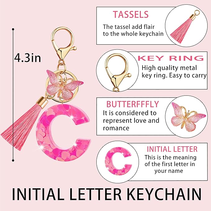 Suweibuke Colourful Cute Initial Letter Keychains for Women Girls with Tassel Butterfly, Charm for Purse Handbags Backpacks