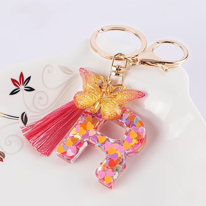 Suweibuke Colourful Cute Initial Letter Keychains for Women Girls with Tassel Butterfly, Charm for Purse Handbags Backpacks