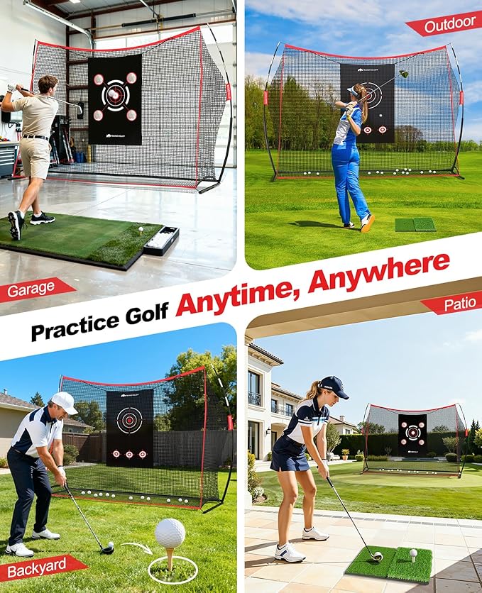 Golf Net, 10×7ft Heavy Duty Golf Hitting Nets with Mat Targets Tees Balls Carry Bag, Golf Practice Equipment Net for Indoor/Outdoor Backyard Driving Chipping Swing Training, Gifts for Men Golfer