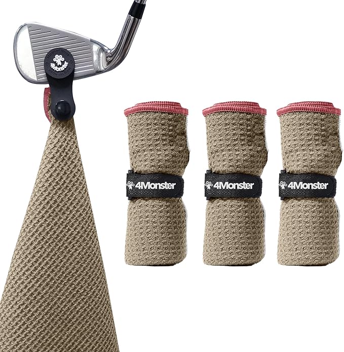 4Monster Golf Towels 3-Pack with Detachable Magnet and Portable Pouch, Quick-Dry Microfiber Golf Towel Set for Golf Bags,Custom Towel Gifts for Men or Women (3, Toasted Almond)