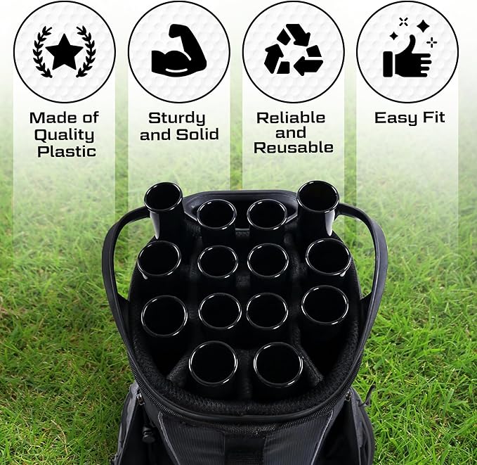 Golf Bag Tubes Set of 14 (1.25'') + 1 (1.5'') for Fat Putter Grip, Club Protection Sleeves, Dividers & Organizer, Travel Accessory for Golf Bag Separation and Organization with Putter Clip