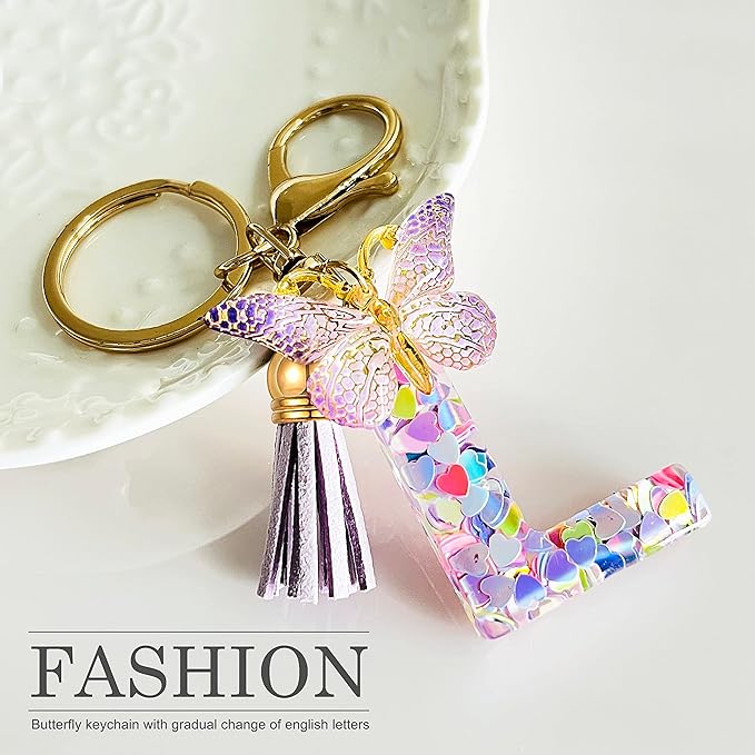 JINGUAZI Initial letter Keychains for Women Tassel Butterfly Pink Purple Cute Car Keychain for Wallet Backpack bag charm