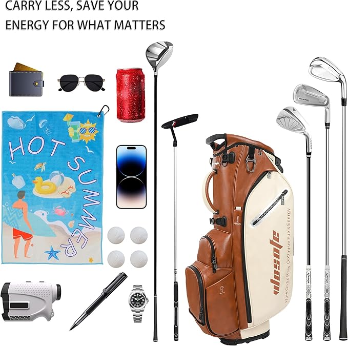 Lightweight 14-Way Golf Stand Bag, PU Leather Golf Bag Waterproof Men Women Full Length Top Dividers, Multiple 8 Pockets Cooler Pouch Adjustable Detachable Shoulder Dual Straps Rain Cover Hood